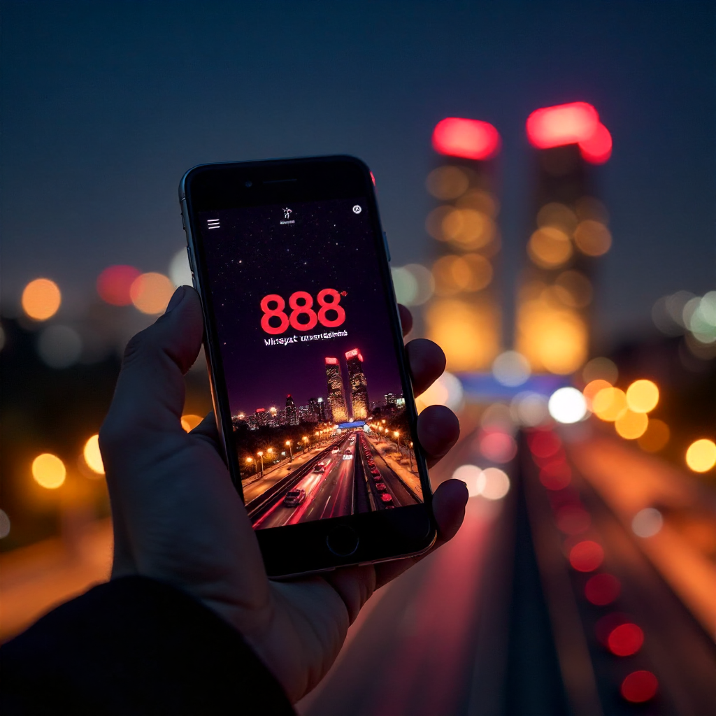 A hand holding a luxury smartphone displaying the official 888starz Uzbekistan app with a sleek red and black interface, background is the Tashkent City skyline with the Hilton and Nest One towers at night, vibrant golden and red bokeh lights, 3D golden c